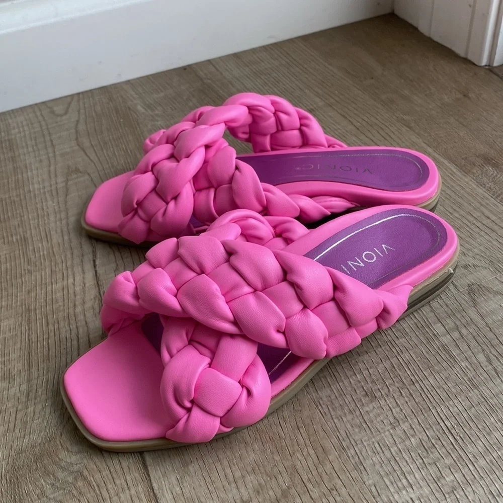 EUC Vionic Size 5 Braided Cross Strap Slides Kalina Bubblegum Pink